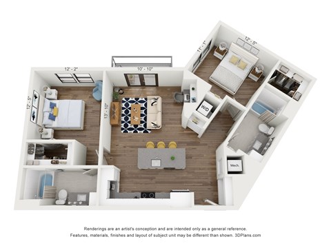 Floor plan for 2 beds, 2 baths